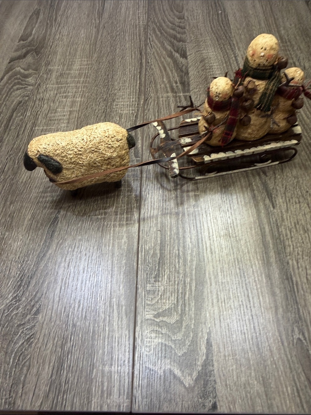 Primitive vintage Snowman Family on Sled with Pulling Sheep